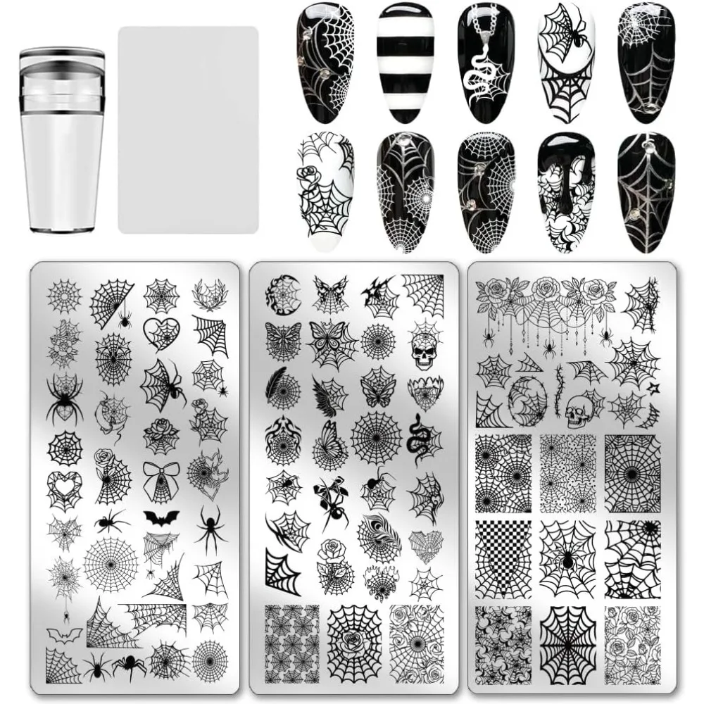 

3pcs Spider Web Nail Stamping Plates Halloween Nail Art Plates Gothic Skull Nails Image Plates Spooky Cobwebs Patterns Manicure