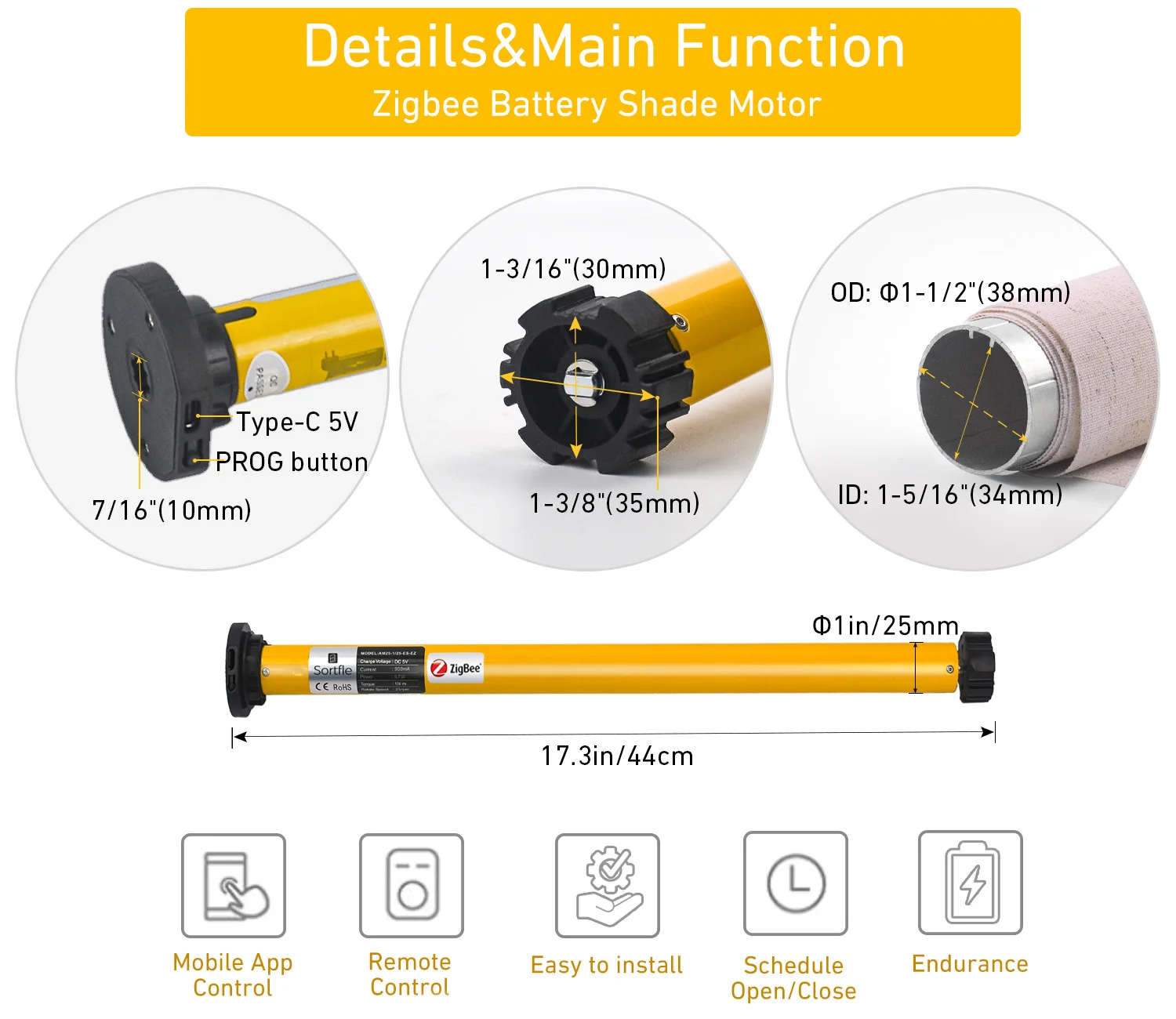 AM25-ES-EZ Zigbee Motorized Blinds Rechargeable Motor, Smart Blinds Motor for 1.5\