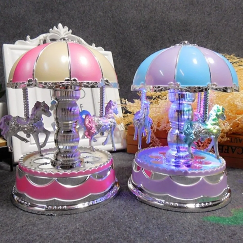 

Creative Exquisite Carousel Music Box Luminous Colored Lights Carousel Ornaments Plastic Cartoon Horse Music Box Birthday Gifts