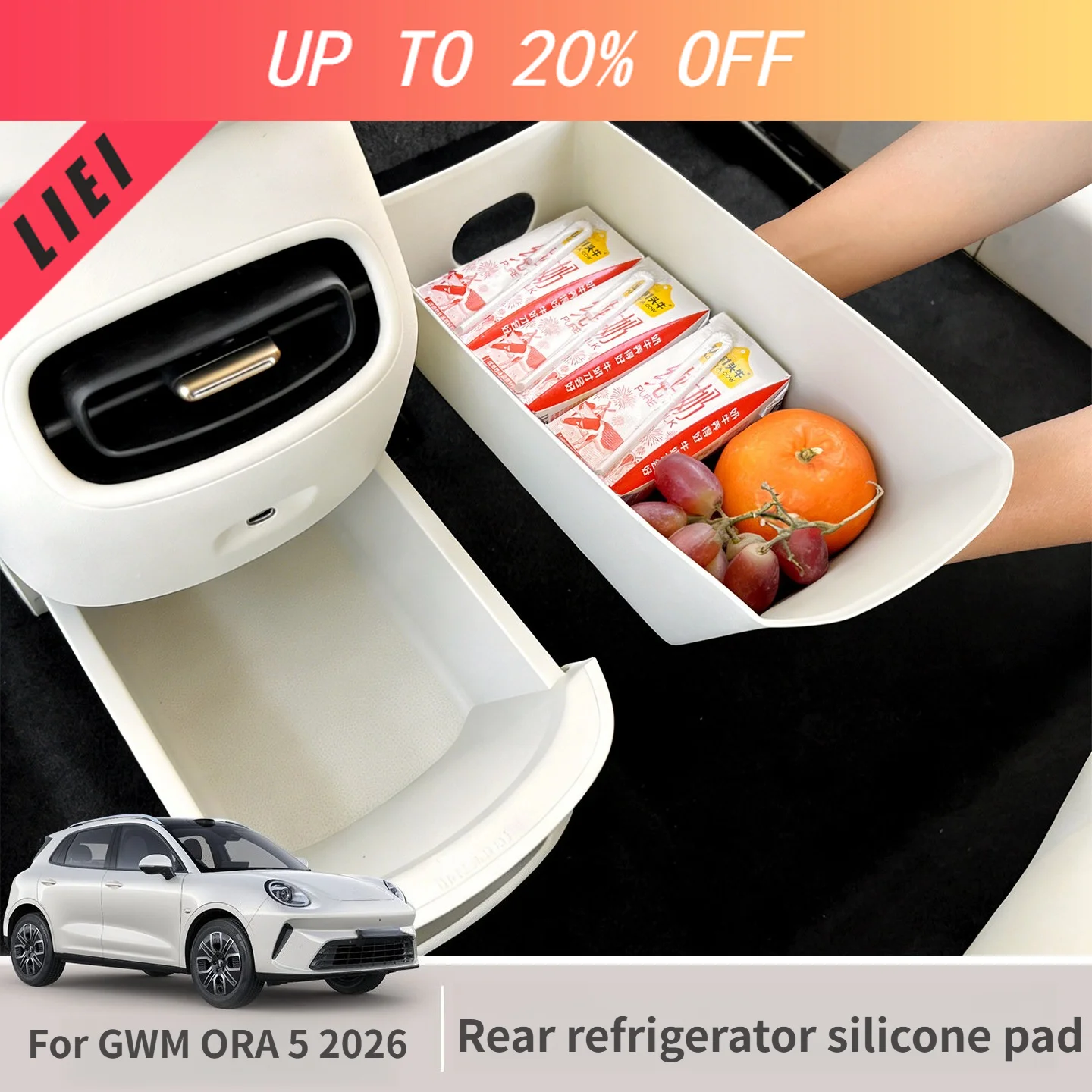 LIEI For GWM ORA 5 2026 Refrigerator Storage Silicone Pad+Back Row Storage Slot Non-Slip Mats,Interior Organizer Modified Access