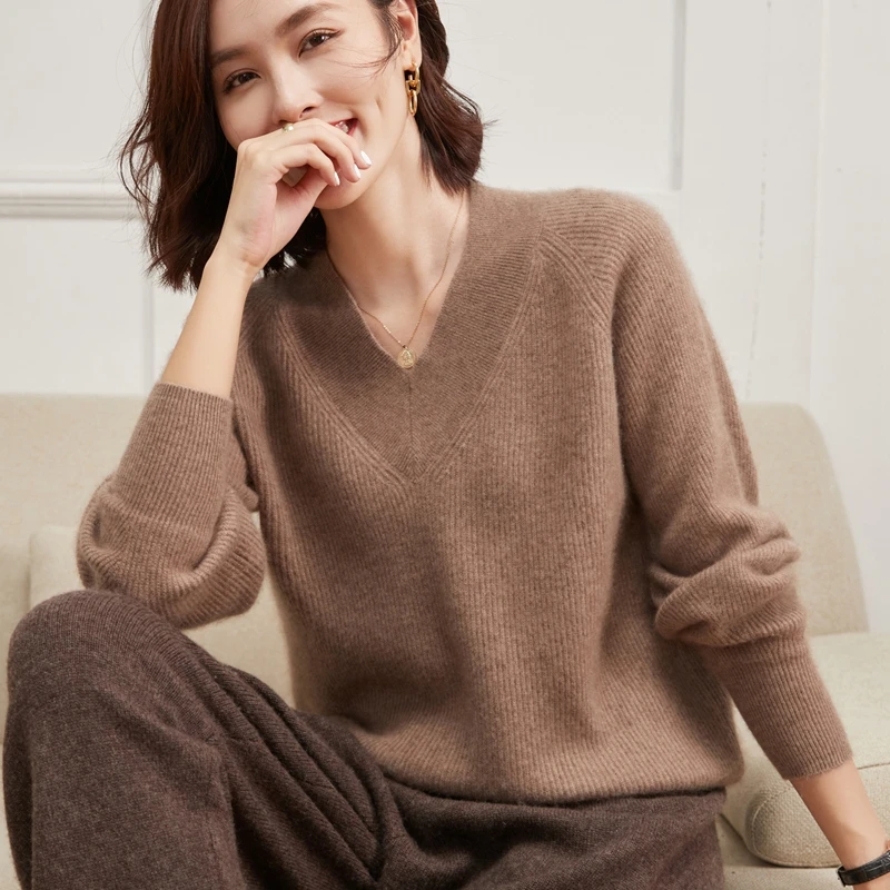 WinvyNee Women Cashmere Wool Sweaters Long Sleeve V neck Solid Knitwears Loose Pullovers Female Tops Autumn Winter A1044024