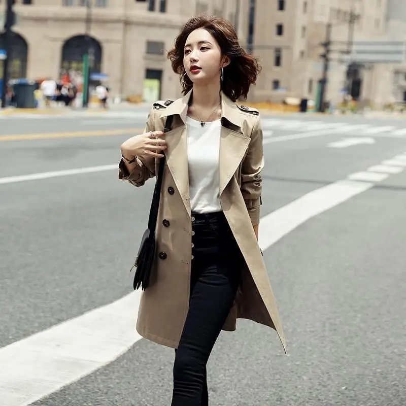 Women's Summer Windbreak Overcoat Long Trench Coats with Belt Female Double Breasted Solid Color Office Lady Streetwear M476