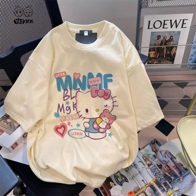 

Sweet Hello Kitty Anime Kawaii Sanrio Ins Fashion Cotton Short Sleeve Shirt Cute Cartoon Y2k Hoodie Clothes Gifts for Girls