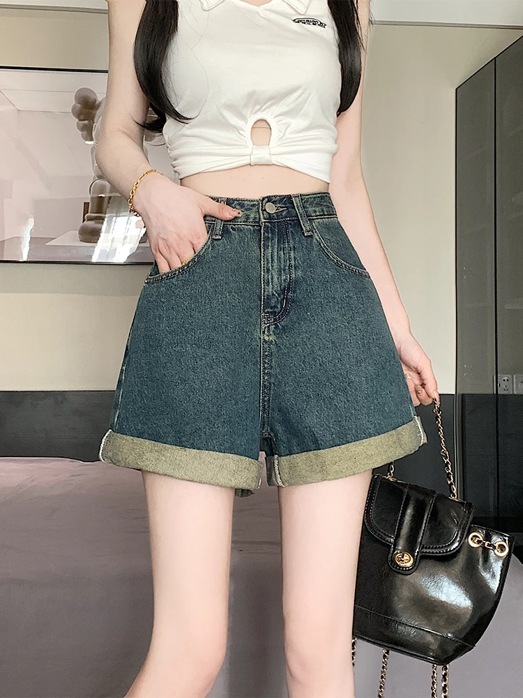 Shorts de mezclilla de cintura alta y pierna ancha para mujer, de verano, holgados, que disimulan la figura, corte A, pantalones cortos vintage con dobladillo.