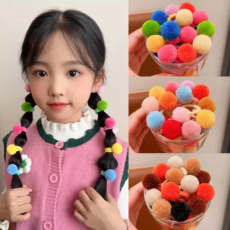 20/40pcs Kids Elastic Hair Bands Girls Plush Ball Rubber Band for Children Sweets Scrunchie Hair Ties Clip Baby Hair Accessories