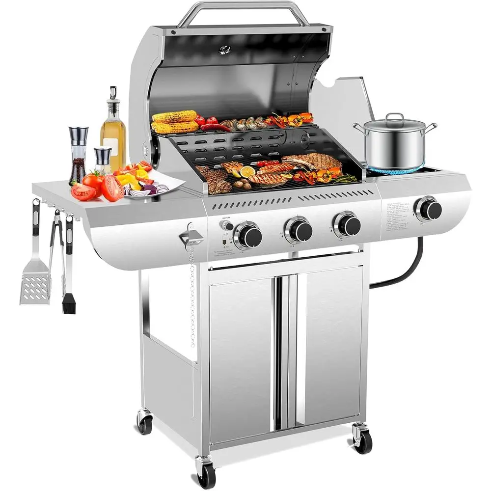 

3-Burner Propane Gas Grill with Side Burner – 34,000 BTtainlSteel Outdoor BBQ Grill, Cast Iron Grates, Portable with Wheels or P