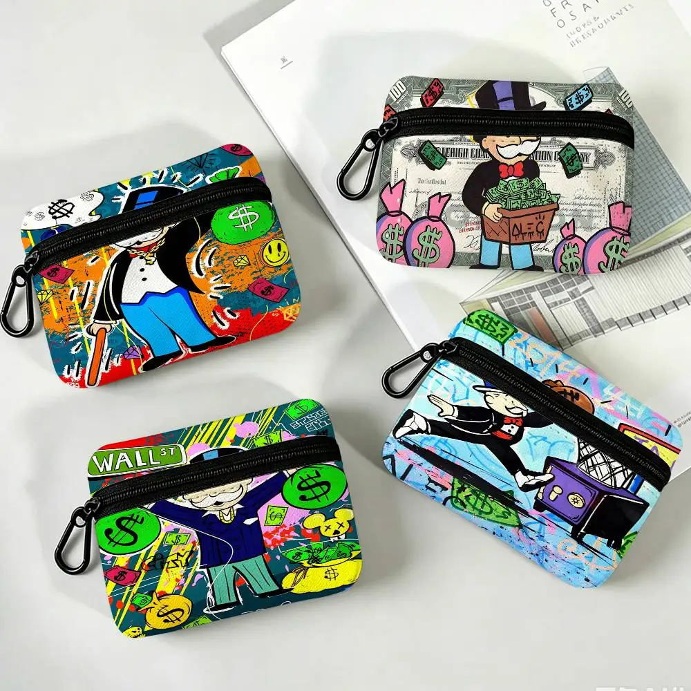 Alec Graffiti Monopoly Millionaire Money Portable Oxford Fabric  Wallet Carabiner Design Small Coin Bag For Cards Keys Earphones