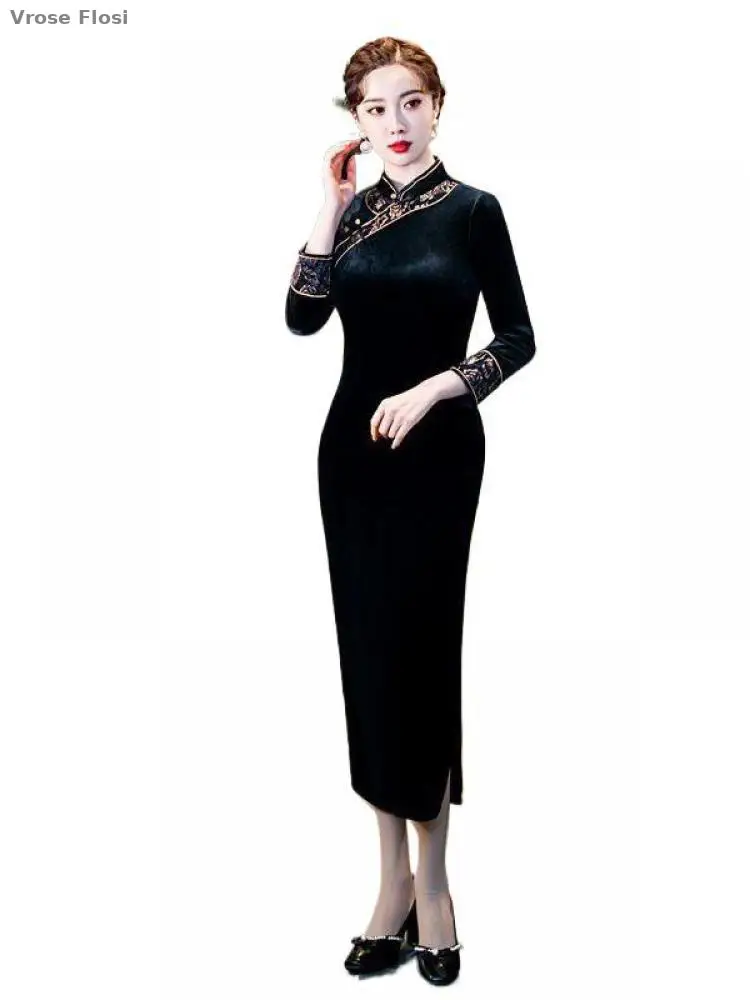 

2025 New Vintage Qipao Dress Improved Cheongsam With National Flower Print, Velvet Chinese Traditional Dress, Elegant Oriental