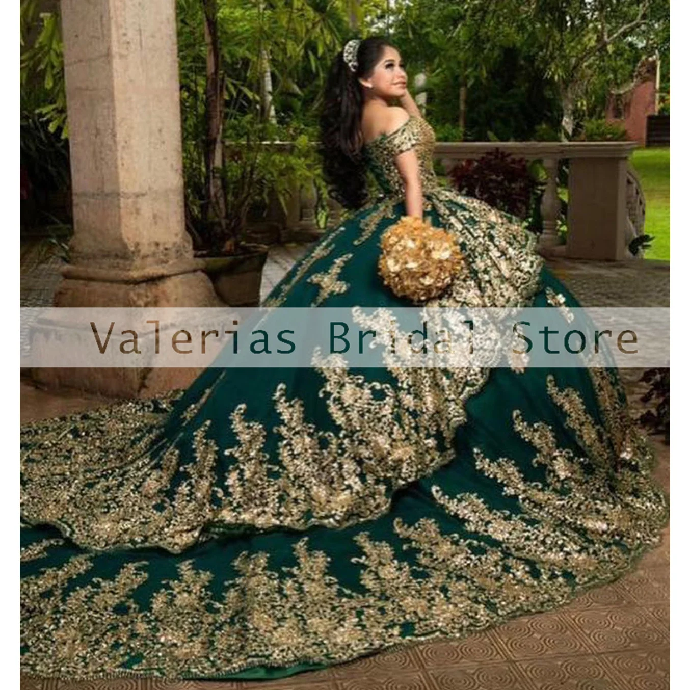 Green Quinceanera Dress Gold Sequin Appliques Princess Ball Gown Off The ShoulderSweet 15 16 Dress Luxury Vestidos Customized