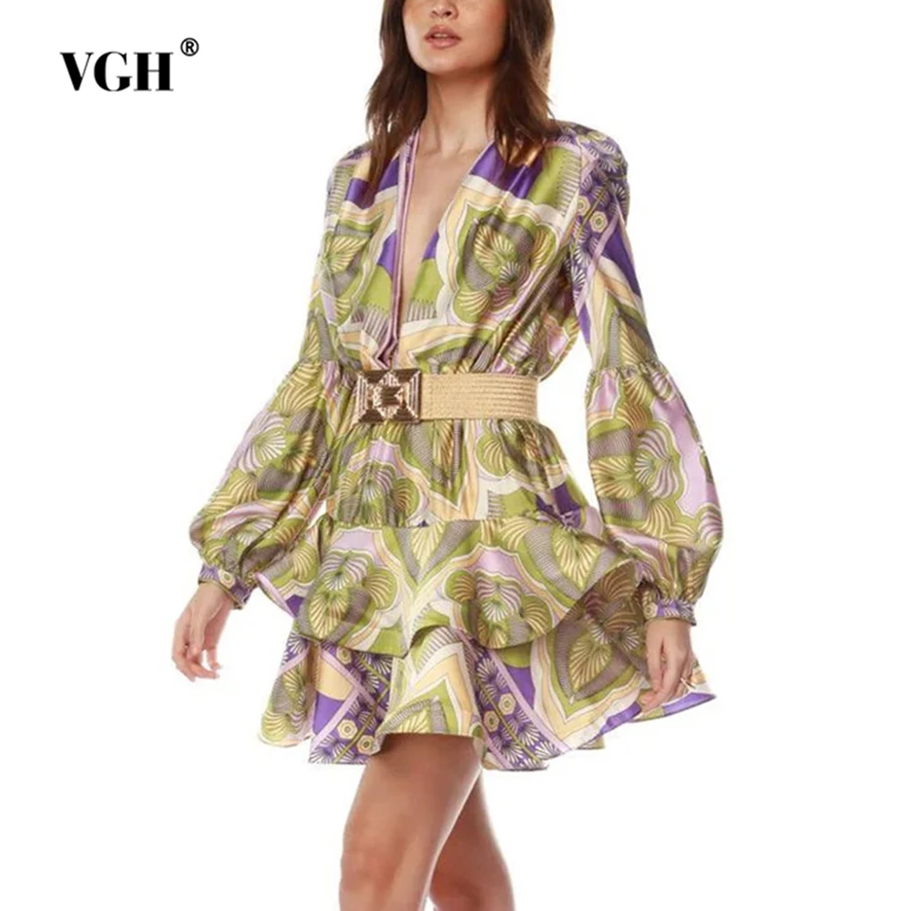 

VGH Hit Color Printing Patchwork Belt Mini Dresses For Women V Neck Lantern Sleeve High Waist Vintage Loose Dress Female Style