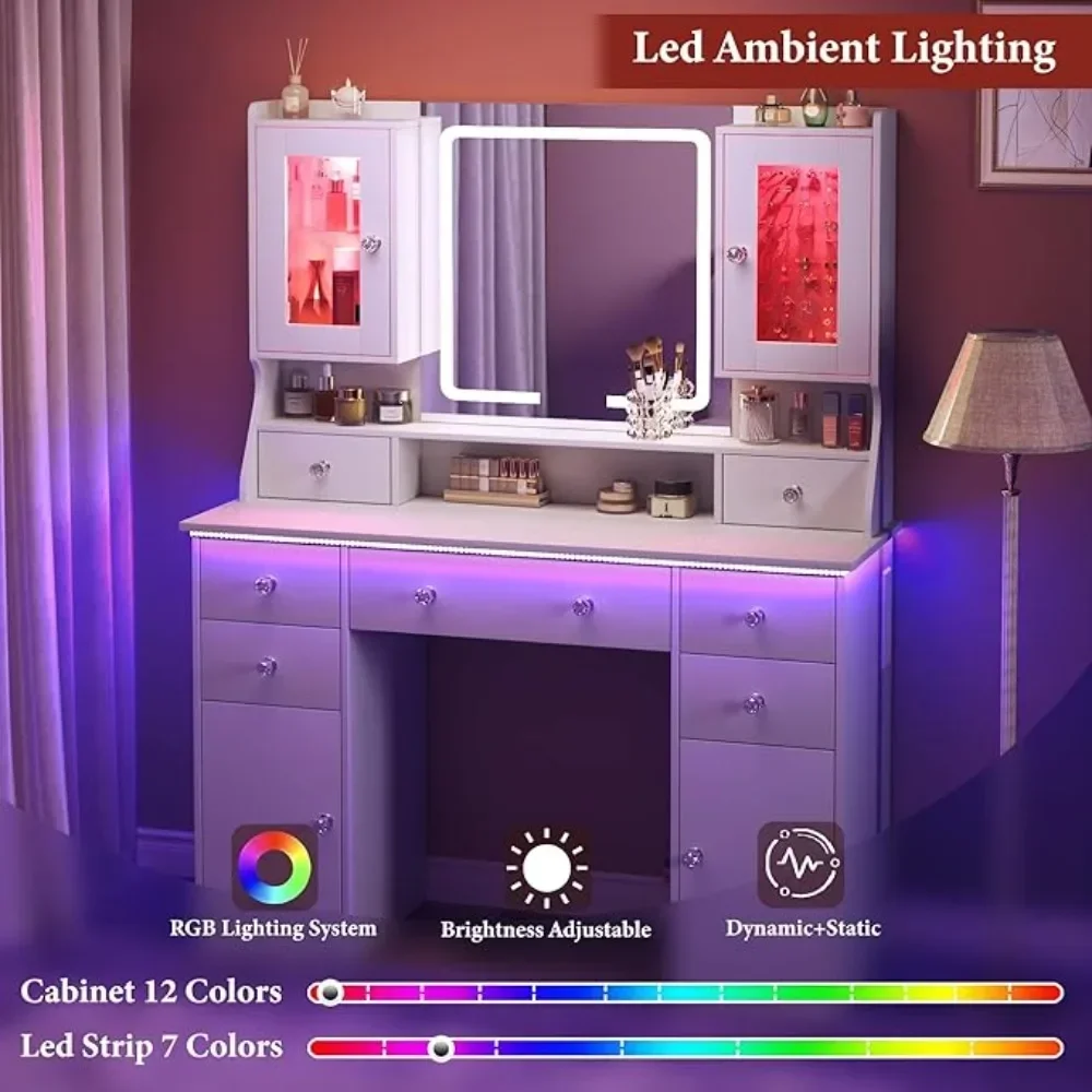 Vanity Desk with Led Mirror and RGB Lights 42" Makeup Vanity Desk with Power Outlet 3 Colors Lighting Adjustable Brightness image 2