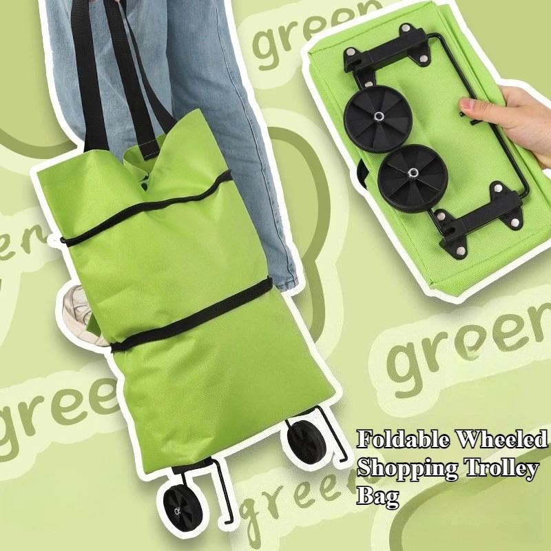 2-in-1 Foldable Shopping Cart Bag-Convertible Wheeled Trolley To Shoulder Bag Waterproof Oxford with Stand for Grocery/Market