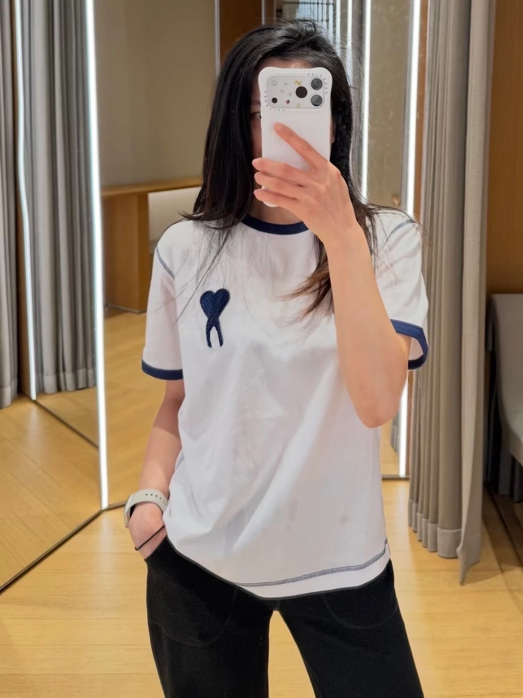 클래식 라운드넥 반팔 티셔츠 사우스 오일 퀄리티 AM 이른봄 신상 컬러 블록 러브 노트 유니섹스 캐주얼 코튼 티
