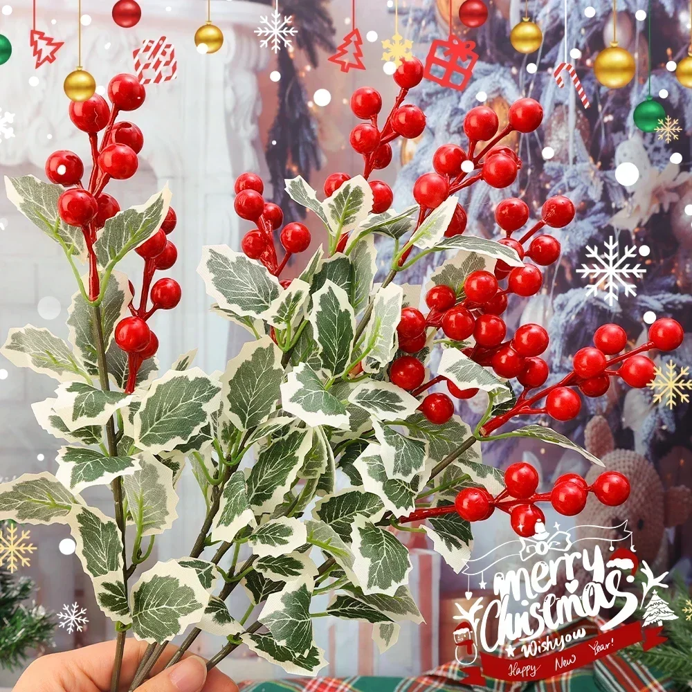 45cm Christmas Articifial Red Berry Branch with Holly Leave DIY Foam Fake Flower Ornament Christmas New Year Party Decoration