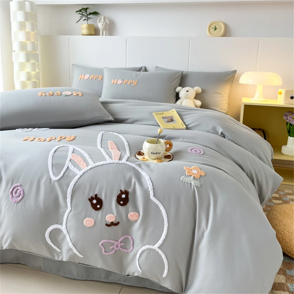 

Cute Cartoon Rabbit Bedding Set Embroidery Duvet Cover Set Brushed Child Bed Sheet Pillowcase Girls Bedroom Decor Home Textiles