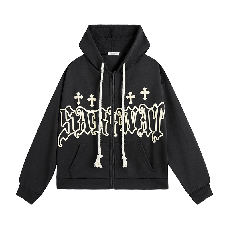 Goth Embroidery Hoodies Women High Street Harajuku Retro Hip Hop Zip Up Hoodie Loose Man Sweatshirt Hoodie Clothes Y2K Hoodie