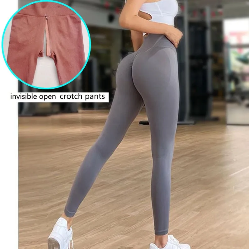 Sexy Women Open Crotch Leggings Outdoor Knitted Autumn Peach Hip Sports Invisible Double Zipper Workout Pants Tight Gym Trousers