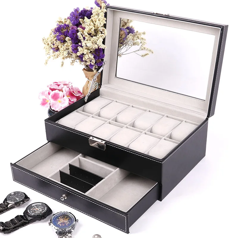 DELESYS Eco-Friendly Leather Double-Layer Watch Jewelry Box with Lock Large Capacity Storage Organizer for Holiday Gifts