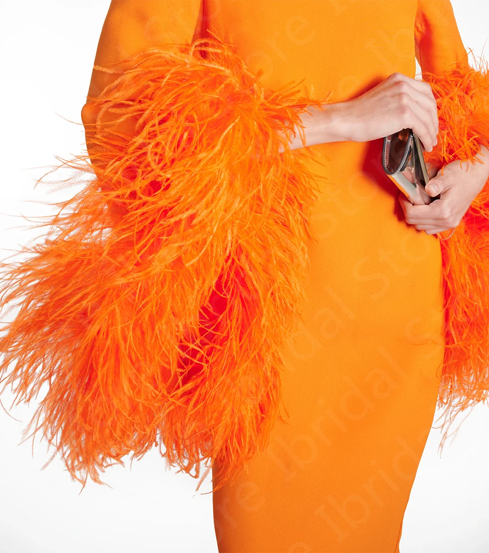 Robe en plumes orange mi-mollet pour mère de la mariée, robe de soirée de mariage, manches longues, fente arrière, moderne, 2024