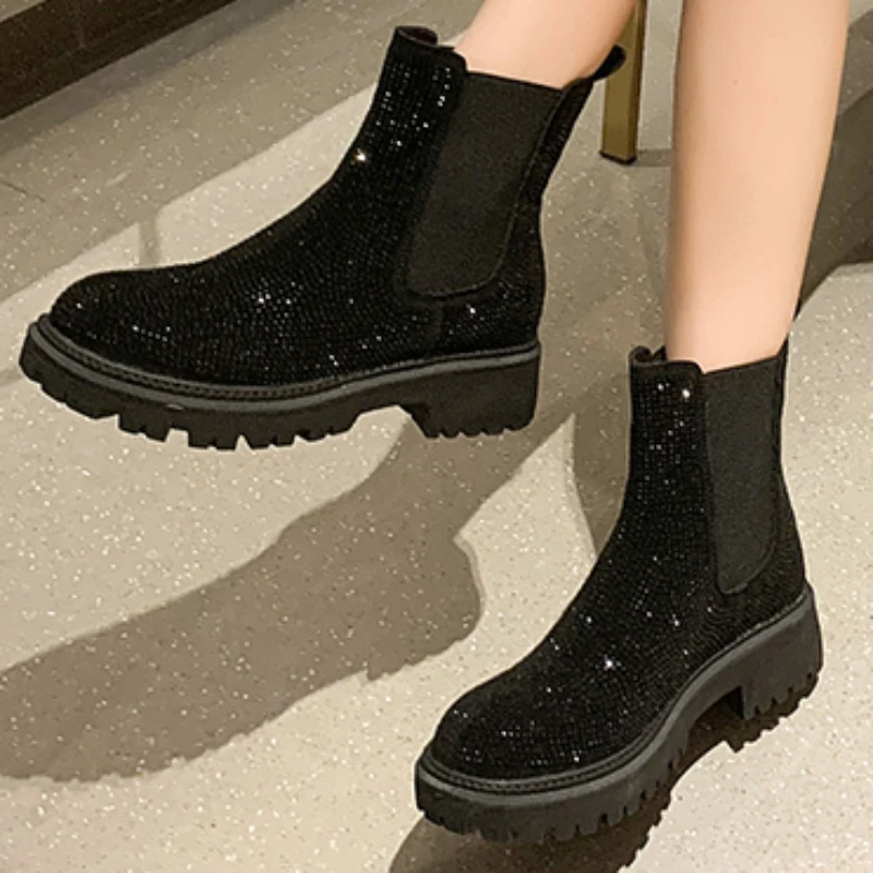 Ladies Shoes 2023 High Quality Slip on Women's Boots Winter Round Toe Solid Rhinestones Sequins Platform Water Proof Shoes Women