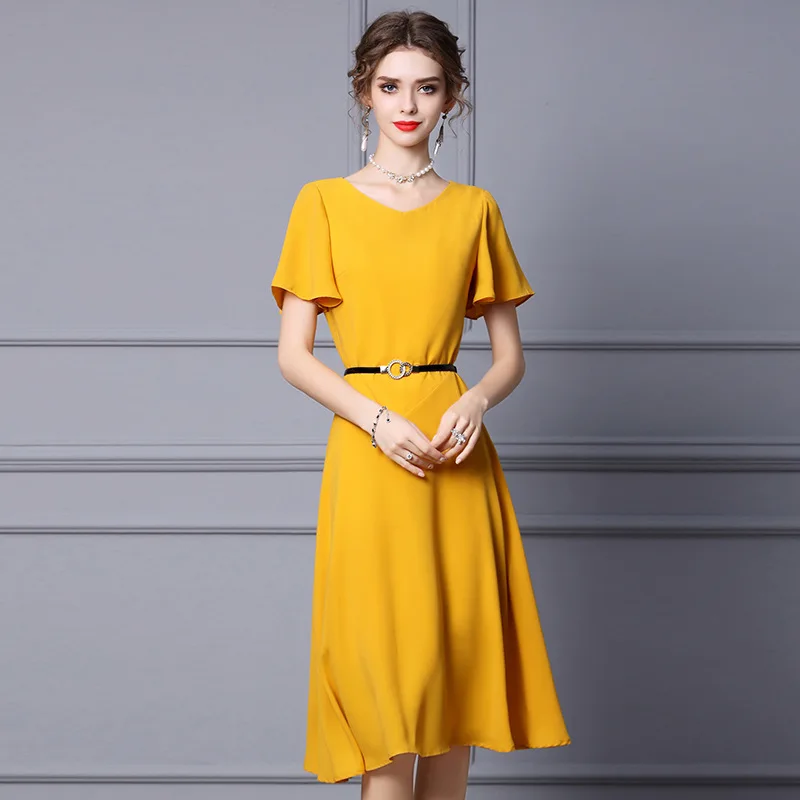 

Women's Yellow Ruffled Short-Sleeved Mid-Length Dress with Belt Thin A-Line Dresses Summer Short Sleeve New fashion 2024