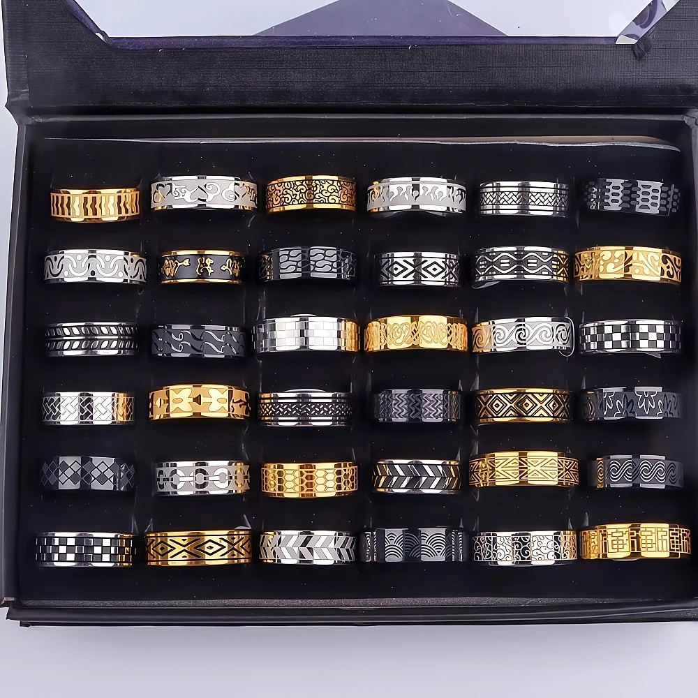 12/24/36/50Pieces Vintage Black Drip Oil Stainless Steel Rings For Women Men Mix Style Fashion Party Gifts Daily Jewelry