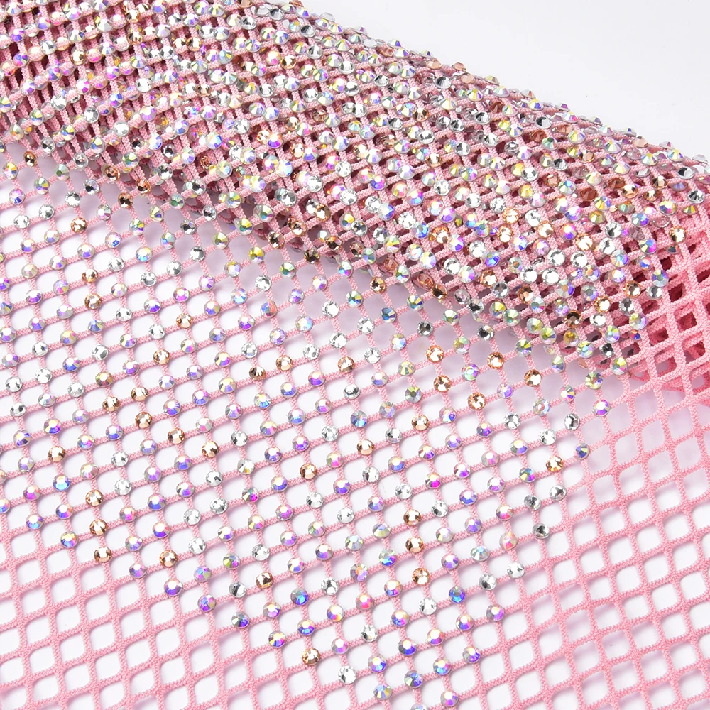 Stretch Strass Rhinestone Mesh Textile SS16 Glass Clear Crystal AB Fish Net Fabric Trim Applique DIY Clothes Shoes Hijab Scarf