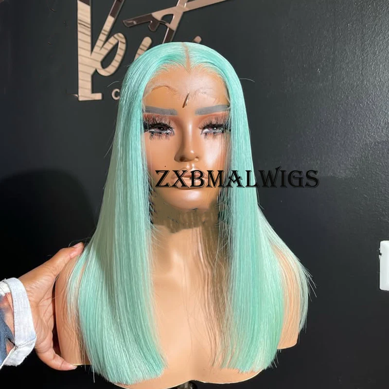 ZXBMALWIGS Straight Synthetic Hair Mint Green 13X4  Lace Front Wigs for Women  High Temperature Fiber Lace Wigs Daily Cosplay