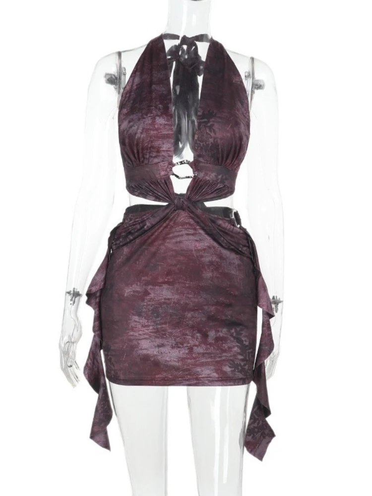 Foamlina feminino impresso halter mini vestido y2k clubwear verão moda profundo decote em v sem mangas sem costas recorte magro vestido de festa