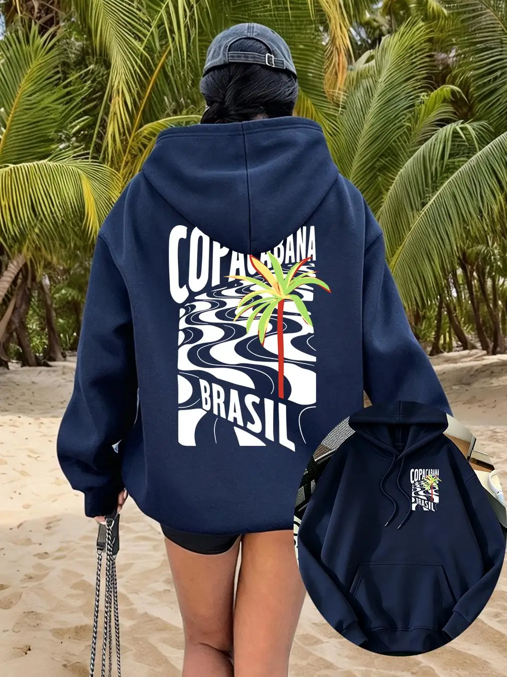 Copacabana Brasil Coconut Tree Printed Pocket Clothes Women Soft Sport Hoodies Autumn Casual Pullovers Fleece Y2K Streetwear