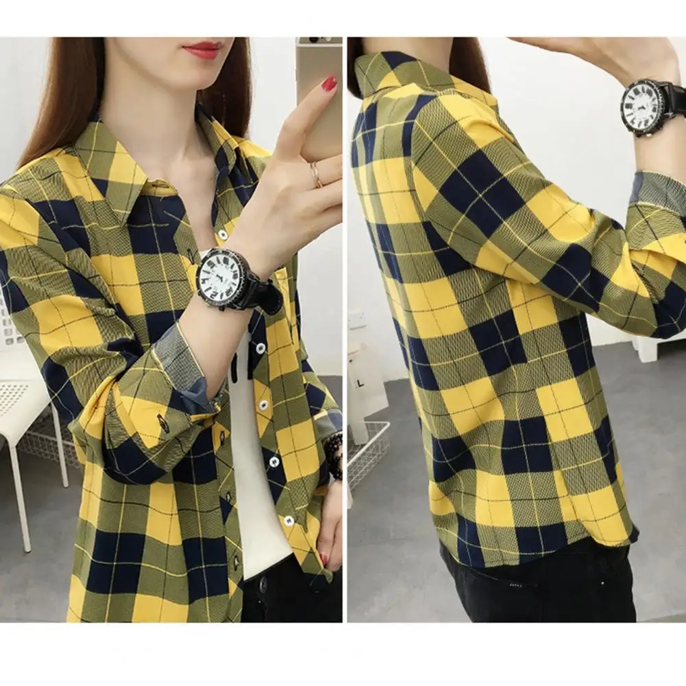 Modern  Lady Blouse Lapel Collar Plaid Print Women Shirt Soft Comfortable Women Shirt Female Clothing