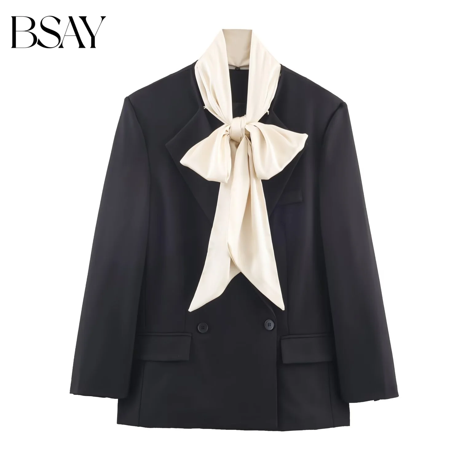 

BSAY Contrasting Scarf Collar Blazers for Women Fashion Autumn Winter Long Sleeve Double-breasted Suit Jacket Chic Female Coat