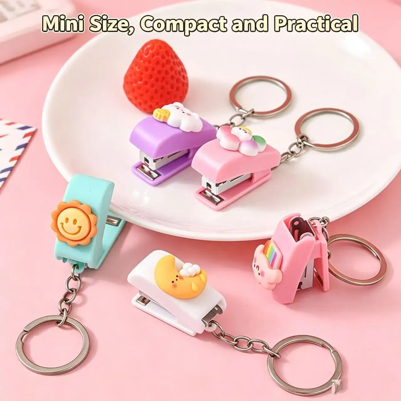 1Pc Random Color Cute Mini Cartoon Stapler With Keychain Portable Pocket Stapler Fit 10# Staples for Student Office Stationery S