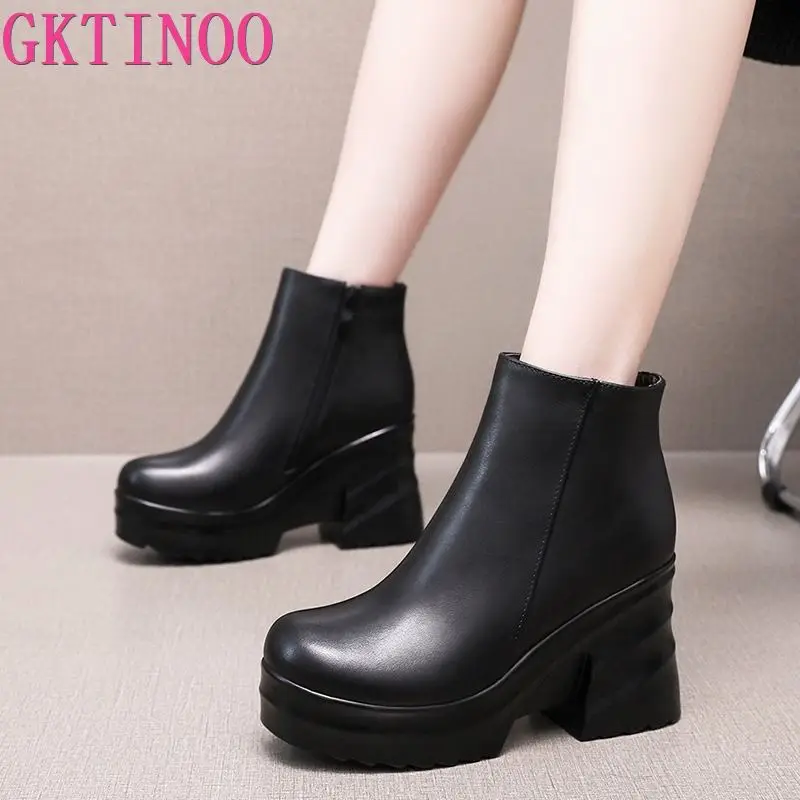 GKTINOO pelle bovina scarpe nere in vera pelle stivali tacco alto 2024 stivali autunno inverno piattaforma scarpe aumentate stivaletti donna