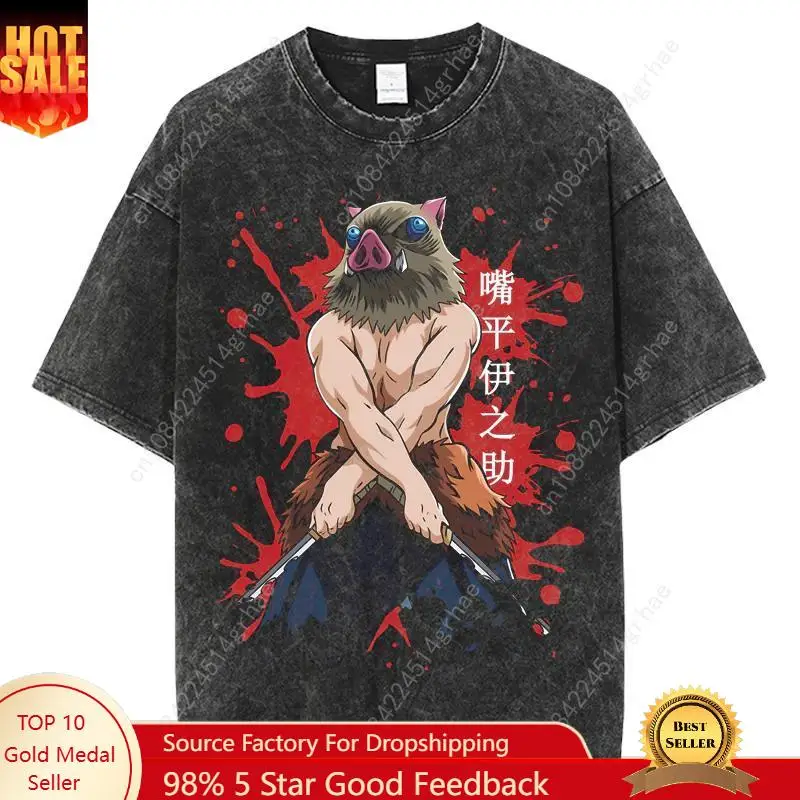 

Anime Print Japanese Manga Washed T-Shirt Worn Cotton Short-Sleeved Tee Retro Harajuku Style Top Unisex