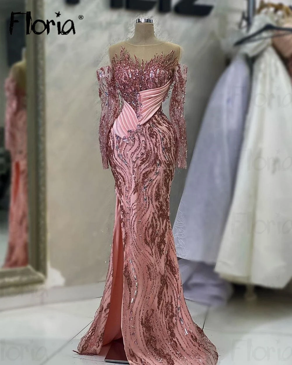 Vestido De fiesta Rosa rubor con cuello transparente, hombros descubiertos, cuentas, vestidos De invitados De boda, abertura larga, vestidos De graduación formales árabes