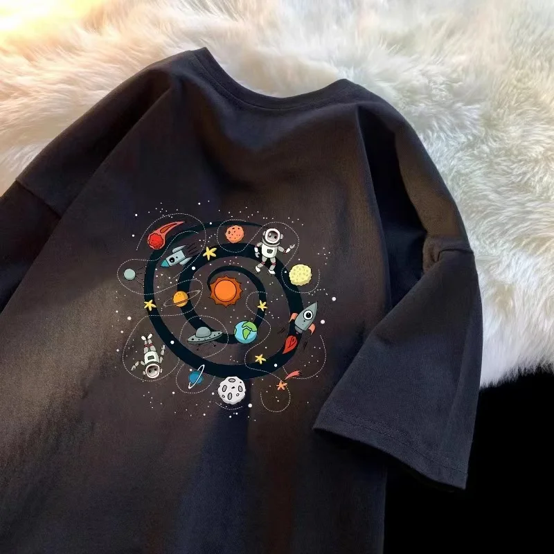 

Motorcycle 2025 new planet astronaut creative simple and versatile T-shirt fashionable men and women couple loose casual top