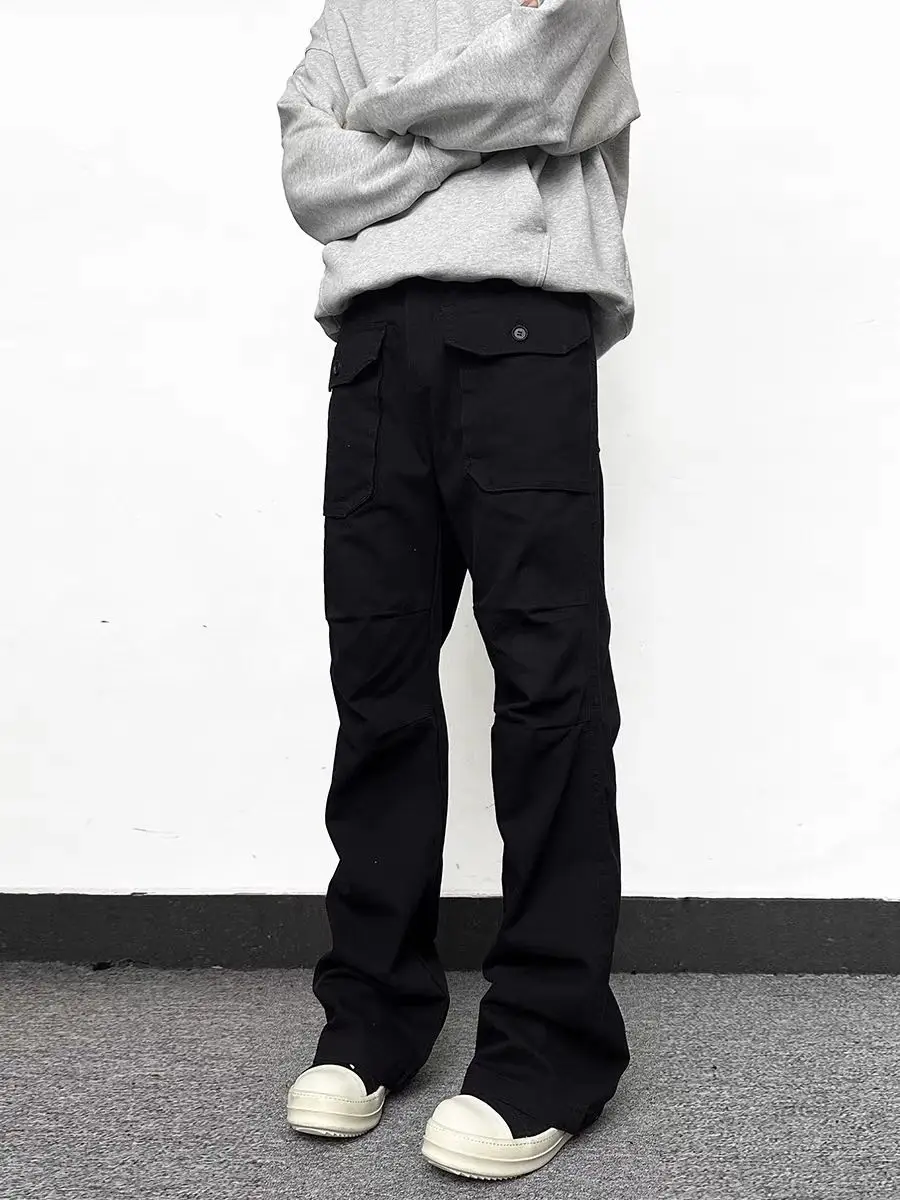 Celana Kargo Pria American High Street Sle dengan Kets Celana Panjang Pakaian Kerja Menyala Mikro Retro Berlipat untuk Perjalanan