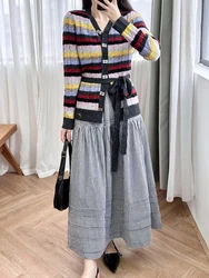 2024 Early Autumn New Wool Blended Contrast Color Striped Sweater Cardigan Women Retro Lace-up Slim Knitted Coat Ladies