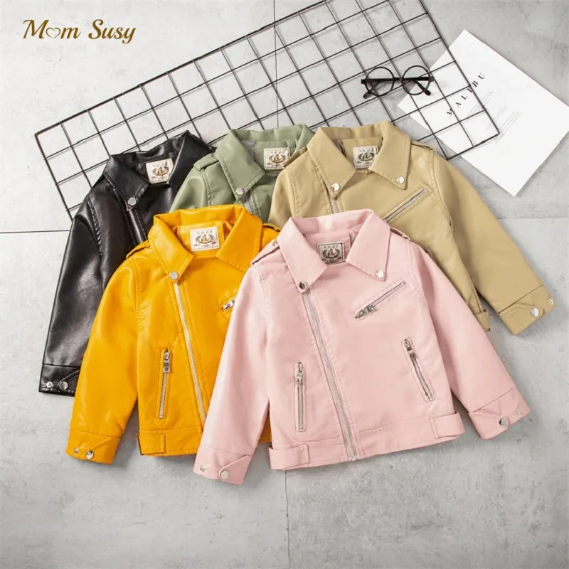 Fashion Baby Girl Boy PU Leather Jacket Spring Autumn Child Leather Coat Chaqueta Outwear Solid Color Baby Clothes 2-10Y