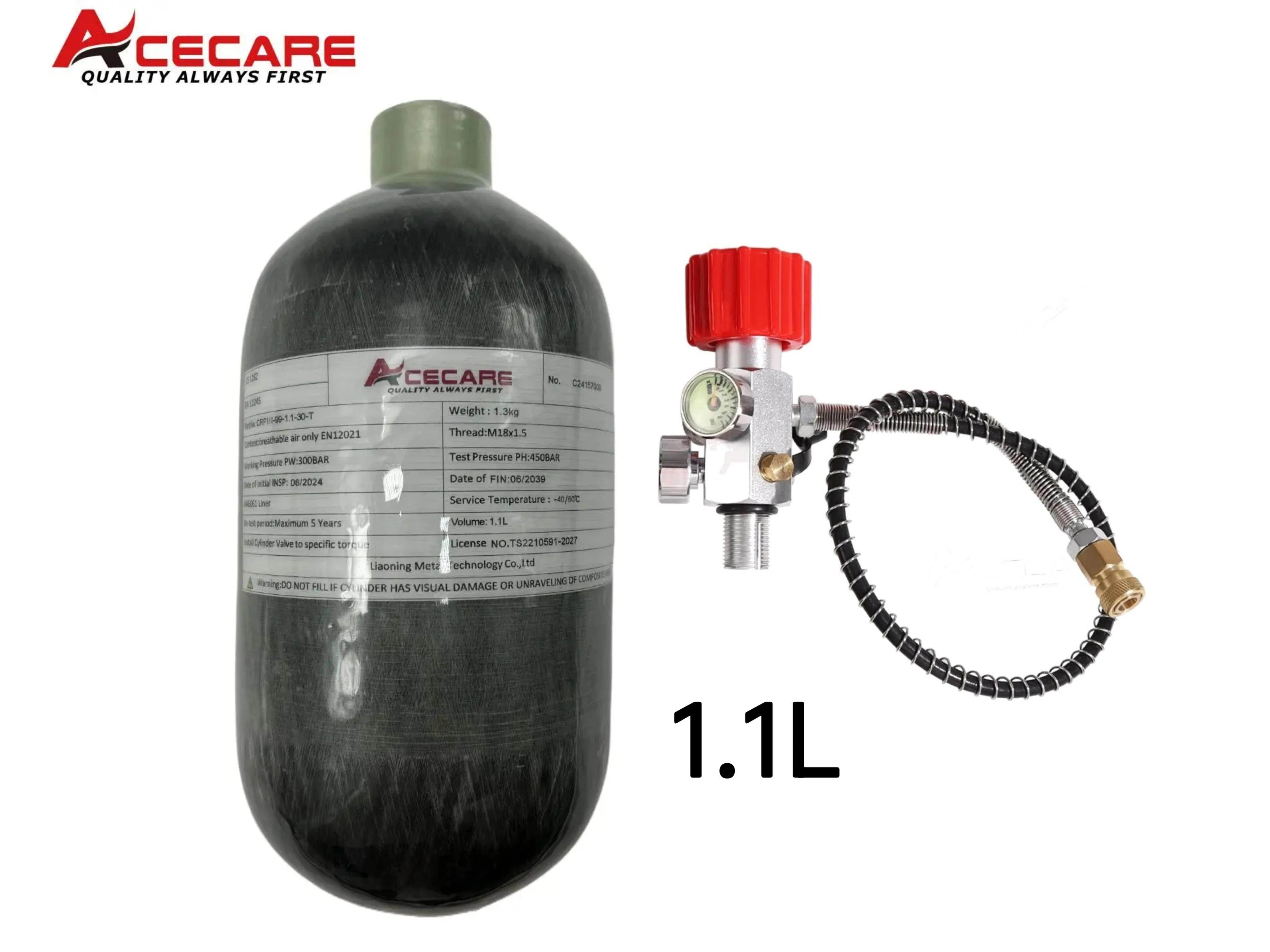 ACECARE 4500psi 300Bar 1.1L Carbon Fiber Cylinder High Pressure Tank Charging Regulator Fill Station Dual Gauge Valve M18*1.5