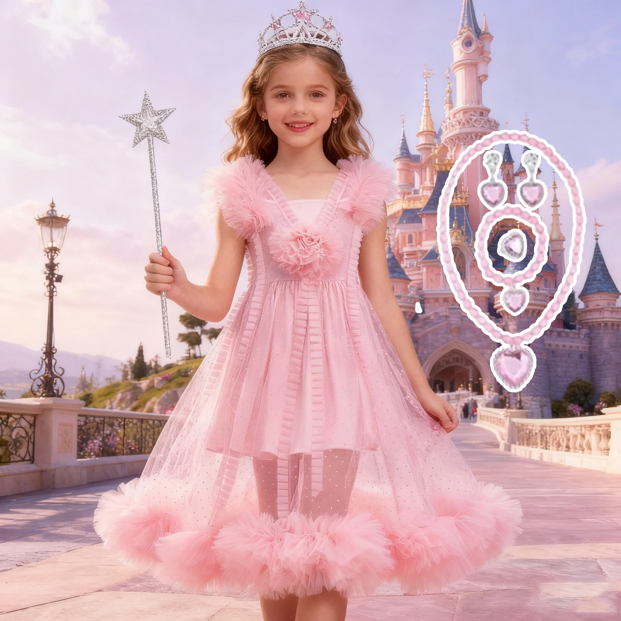 أزياء وإكسسوارات للفتيات باللون الوردي المقسم من Glinda للفتيات بعمر 3-12 سنة فساتين خرافية ملابس كرنفال الرسوم المتحركة للعام الجديد