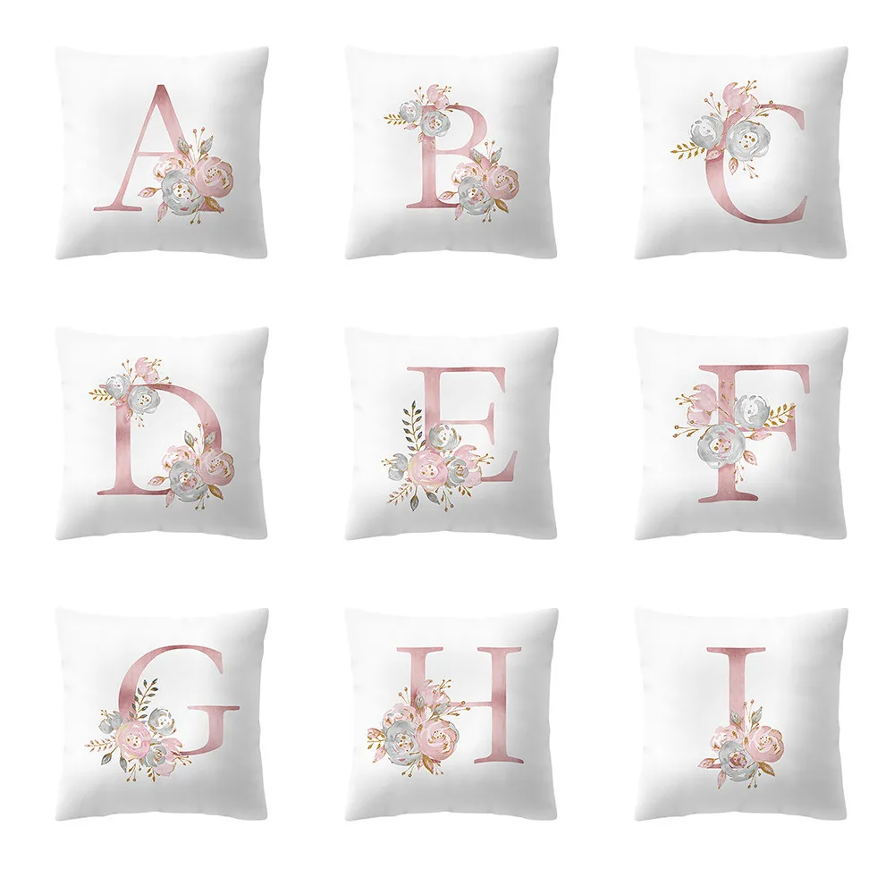 45X45 Pink A,B,C,D,E,F,G,H,I Letter Flower Printed Sofa Cushion Pillows Peach Skin Hand Pillowcases Home Decor Covers Cushion