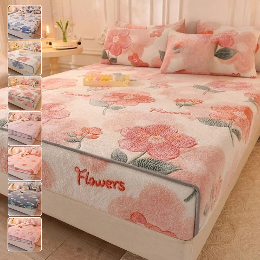 

1 Pc Warm Coral Velvet Fitted Sheet Elastic Mattress Cover Fluffy Coral Fleece Bed Sheet Winter Warm and Cosy Plush Fitted Sheet