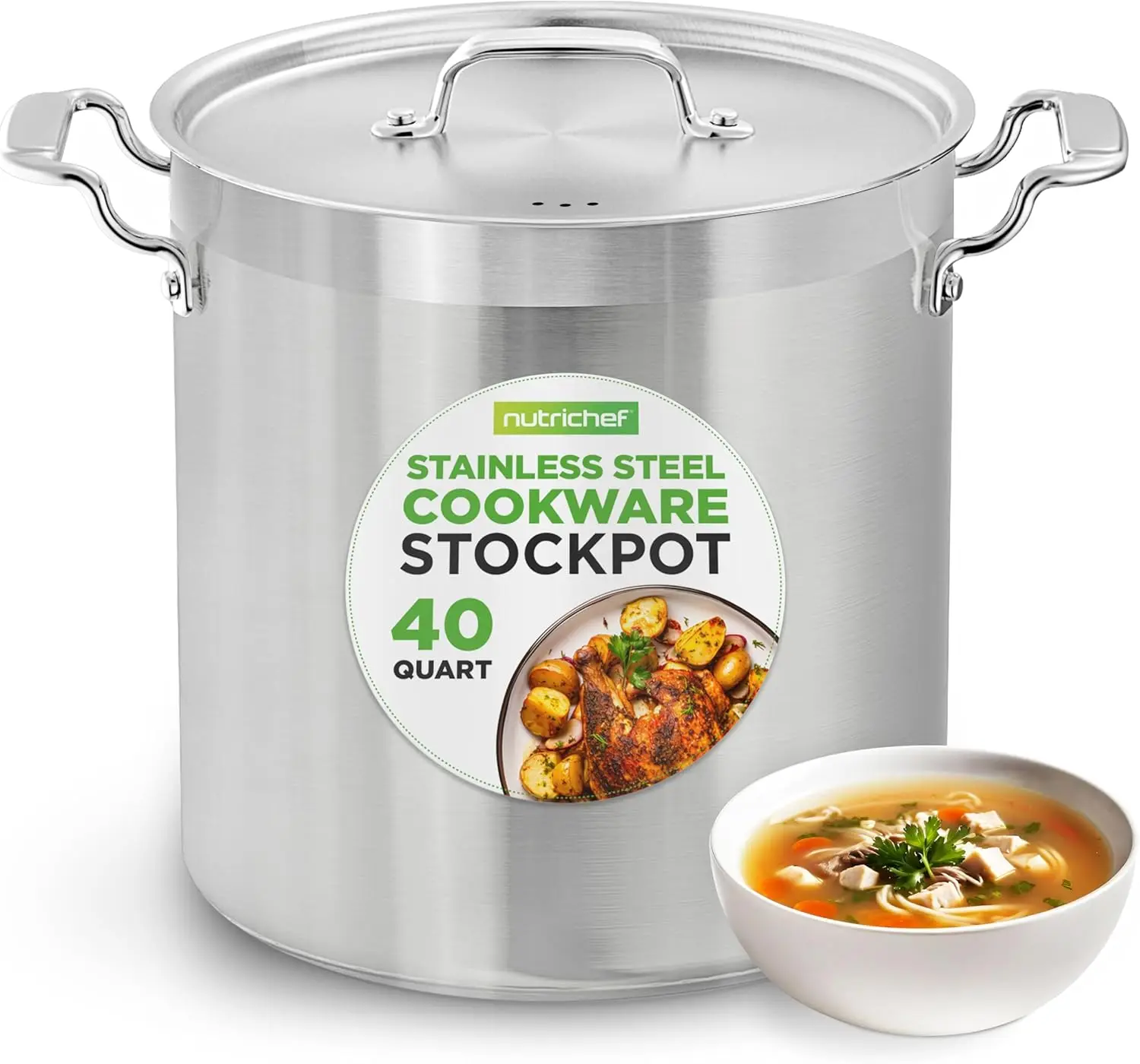 

Stainless Steel Cookware Stockpot, 40 Quart Heavy Duty Induction Soup Pot With Lid And Riveted Handles, Even Heat Distribution