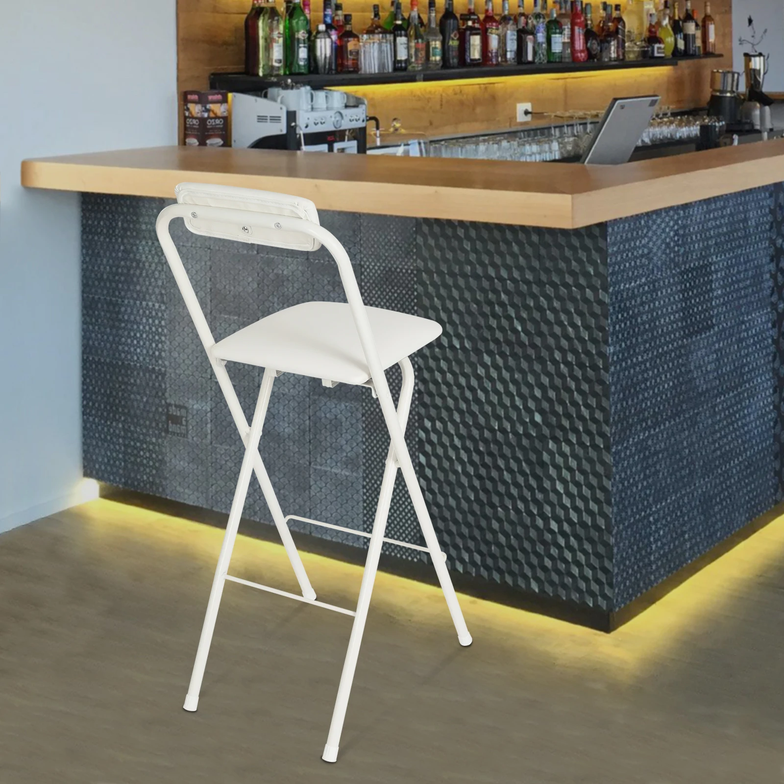 Foldable Bar Chair Tall White Folding Chair with Back and Legs Portable Folding Stool for Bars Kitchens Dining Rooms Cafes