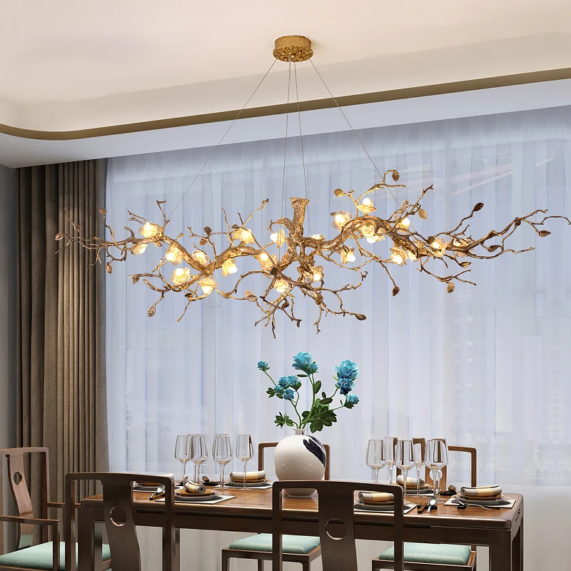 New Chinese teahouse lamp postmodern restaurant long chandelier villa Zen teahouse art copper branch custom lamps