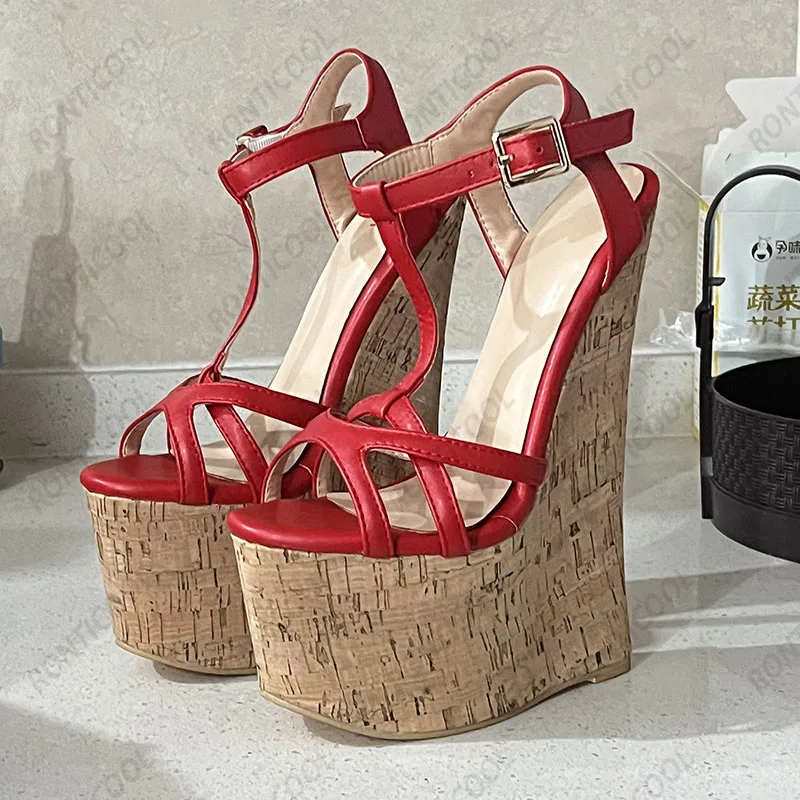 Ronticool Handmade Women T-strap Sandals Ultra High Wedges Heels Round Toe Classics Black Dress Shoes Ladies US Plus Size 5-15