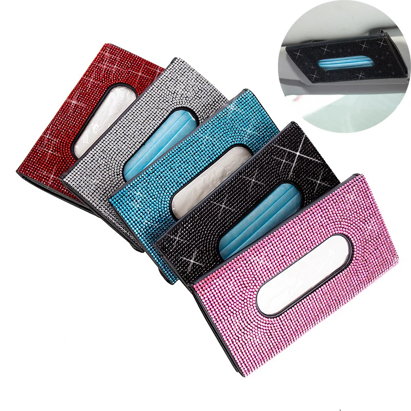 

Car Tissue Box Bling Crystal Sun Visor Diamond Leather Auto Tissue Paper Holder Case Sunvisor Hanging Napkin Car Accessories