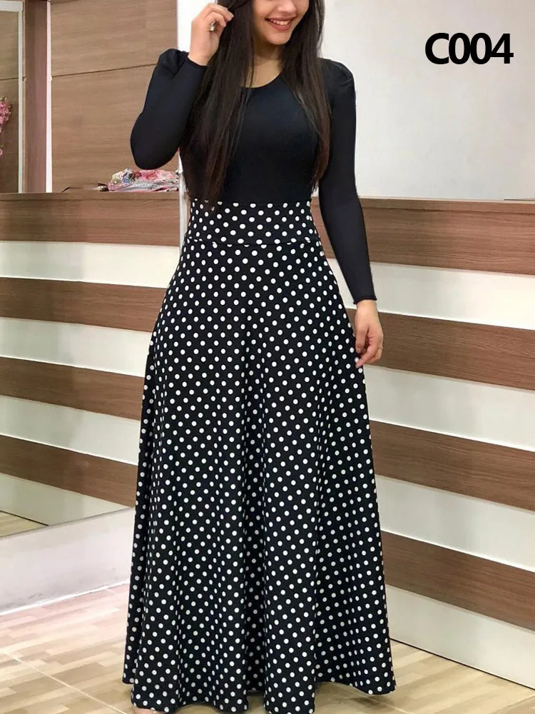 

2022 Fashion Slim Flower Print Colorblock Long Sleeve Dress Ladies Round Neck Big Swing Maxi Dresses For Women Vestidos De Mujer